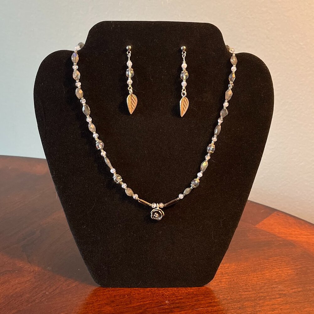 Handmade Pale Blue and Gray Beaded Necklace and Earrings Set